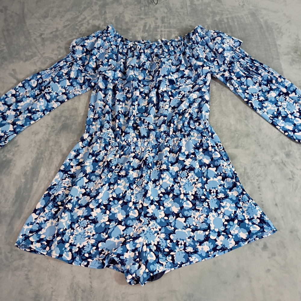Michael Michael Kors Blue Floral Off Shoulder Romper Long Sleeve Womens Large